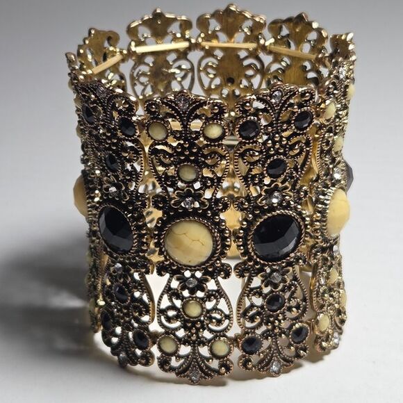 Ornate Filigree 3" Wide Cuff Bracelet Black Cream Cabachons Rhinestone Bollywood - Picture 6 of 10